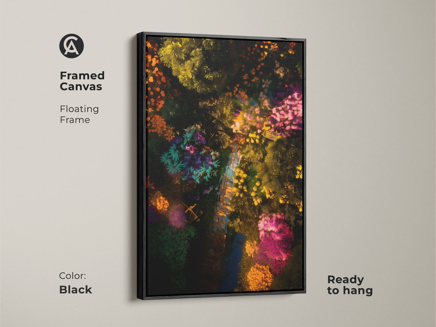 Framed canvas displaying a vibrant aerial garden view. The black floating frame adds sophistication to this botanical artwork. This ready-to-hang piece brings nature indoors. The colorful foliage creates a captivating focal point. Perfect for home decor.