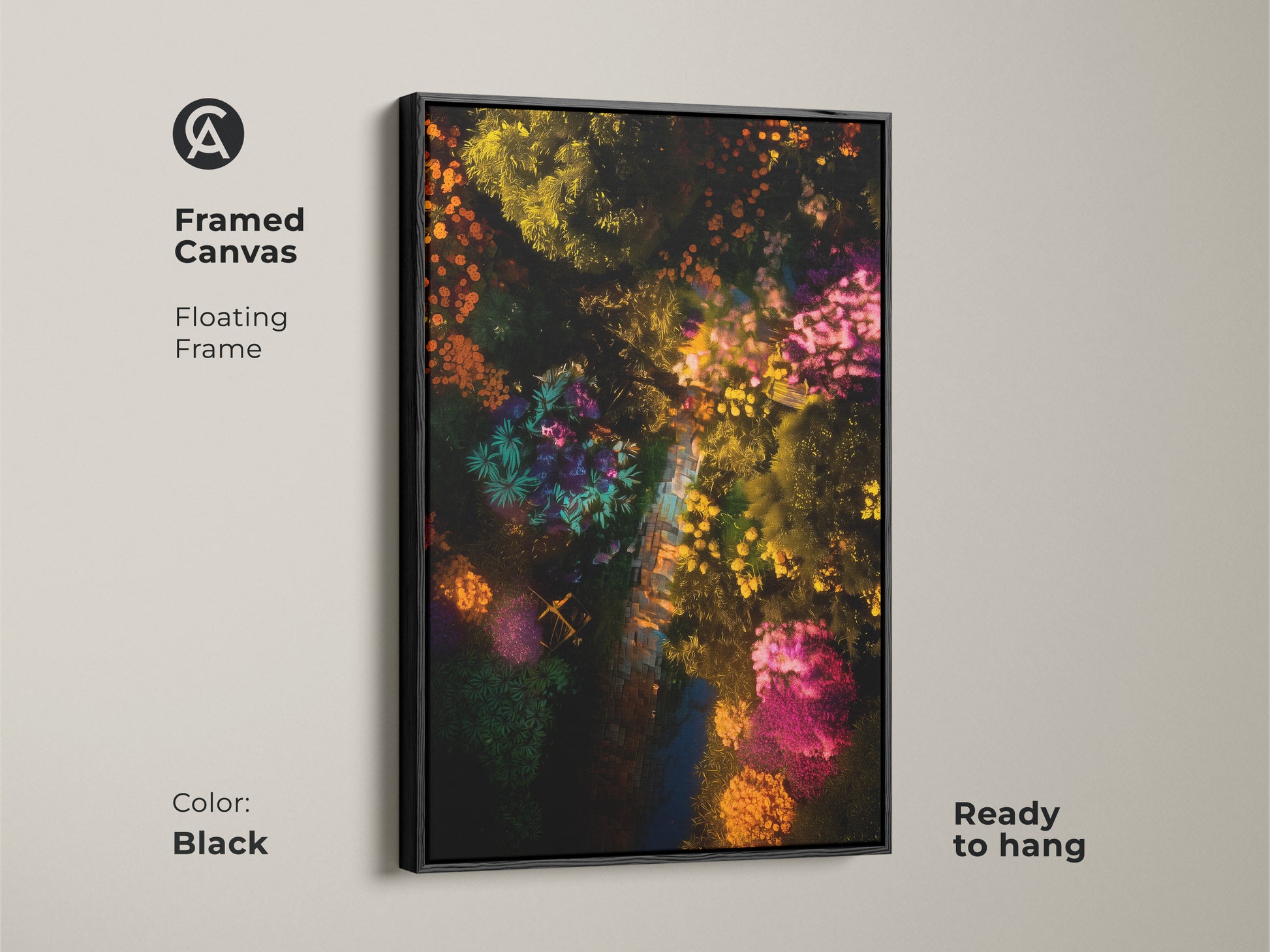Framed canvas displaying a vibrant aerial garden view. The black floating frame adds sophistication to this botanical artwork. This ready-to-hang piece brings nature indoors. The colorful foliage creates a captivating focal point. Perfect for home decor.