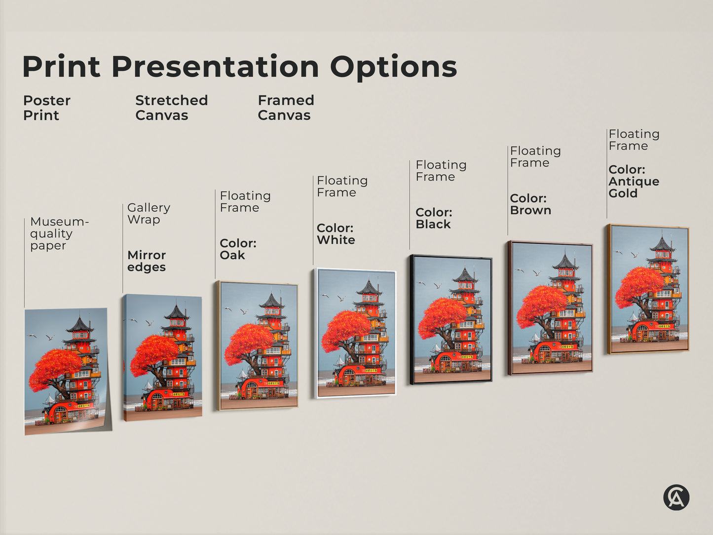 Sizing guide for whimsical Japanese Pagoda coastal tower wall decor. Visualize small medium and large sizes for canvas and poster prints. Plan your boho beach house decor with this fantasy travel-themed gift.