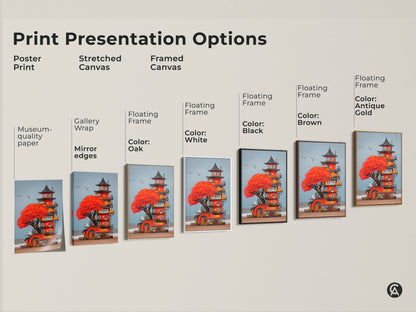 Sizing guide for whimsical Japanese Pagoda coastal tower wall decor. Visualize small medium and large sizes for canvas and poster prints. Plan your boho beach house decor with this fantasy travel-themed gift.