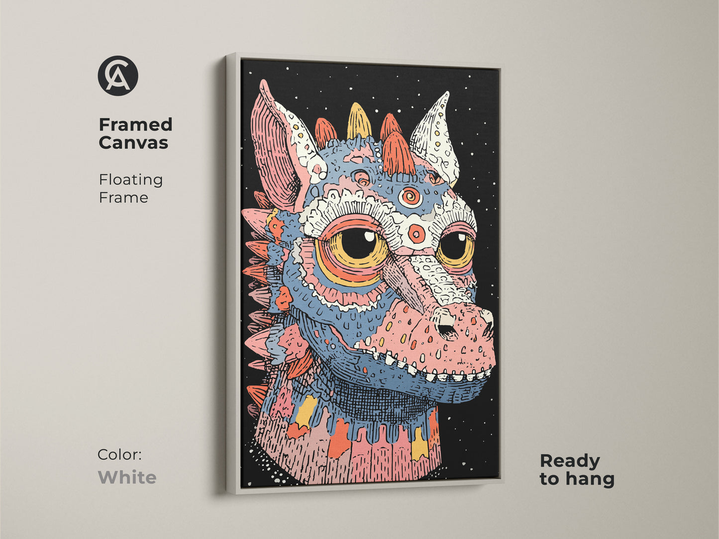 White framed canvas art featuring a fantasy dragon. The teal pink and blue monster is in a pop surrealism style. This eclectic artwork is a great bedroom art gift. Ready to hang.