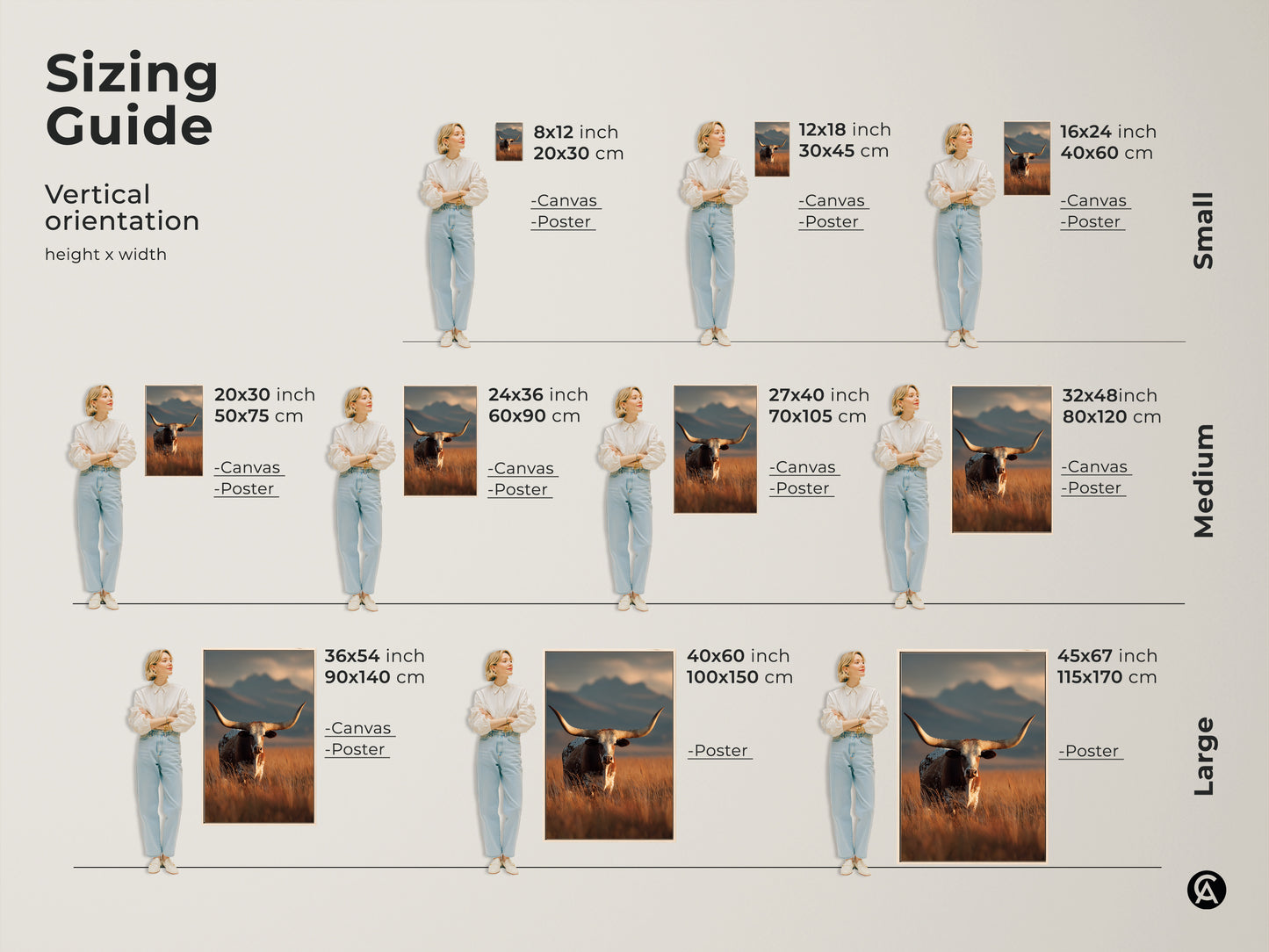 Vertical sizing guide for longhorn cattle canvas and poster prints. Sizes range from small to large. Dimensions in inches and centimeters are shown. Perfect for farmhouse wall decor. Ideal for rustic western landscape art. Find the perfect fit for your space.