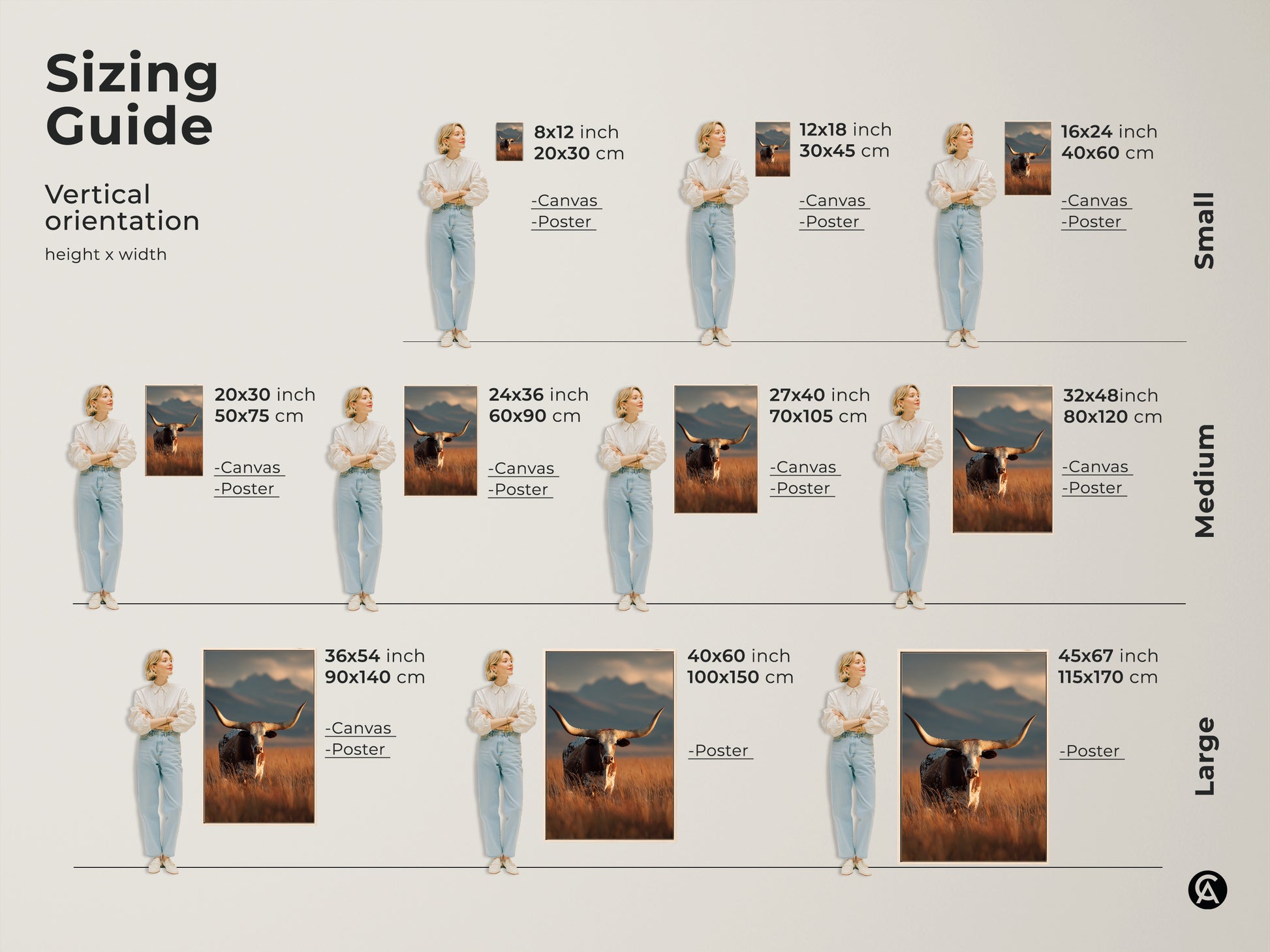 Vertical sizing guide for longhorn cattle canvas and poster prints. Sizes range from small to large. Dimensions in inches and centimeters are shown. Perfect for farmhouse wall decor. Ideal for rustic western landscape art. Find the perfect fit for your space.