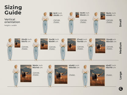 Vertical sizing guide for longhorn cattle canvas and poster prints. Sizes range from small to large. Dimensions in inches and centimeters are shown. Perfect for farmhouse wall decor. Ideal for rustic western landscape art. Find the perfect fit for your space.