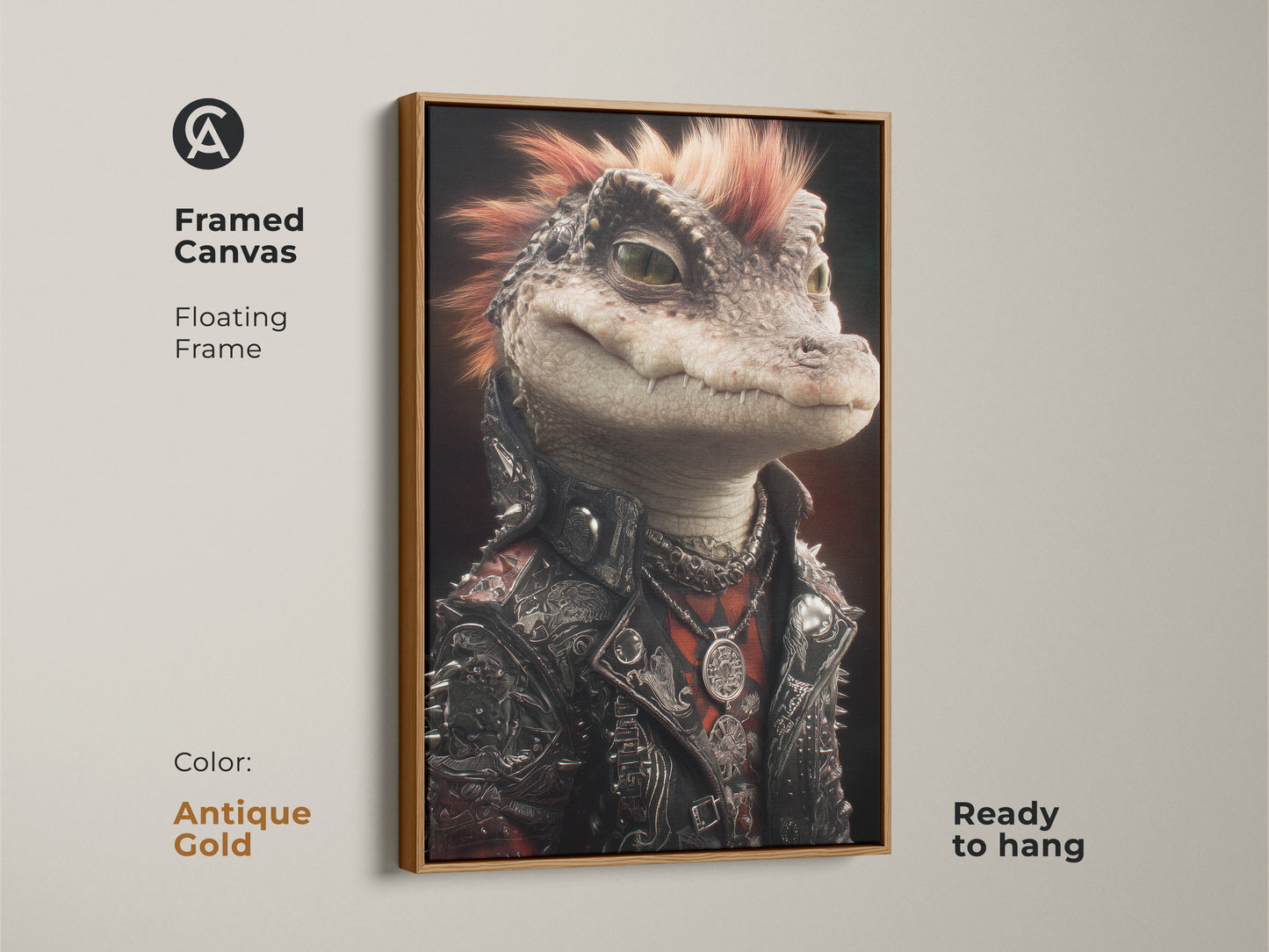 Framed canvas featuring the punk alligator art. The floating frame is antique gold ready to hang. This music lover piece fits any room. It's gothic reptile wall art. The alternative reptile print adds an edgy touch. This unique piece is perfect for a rocker.