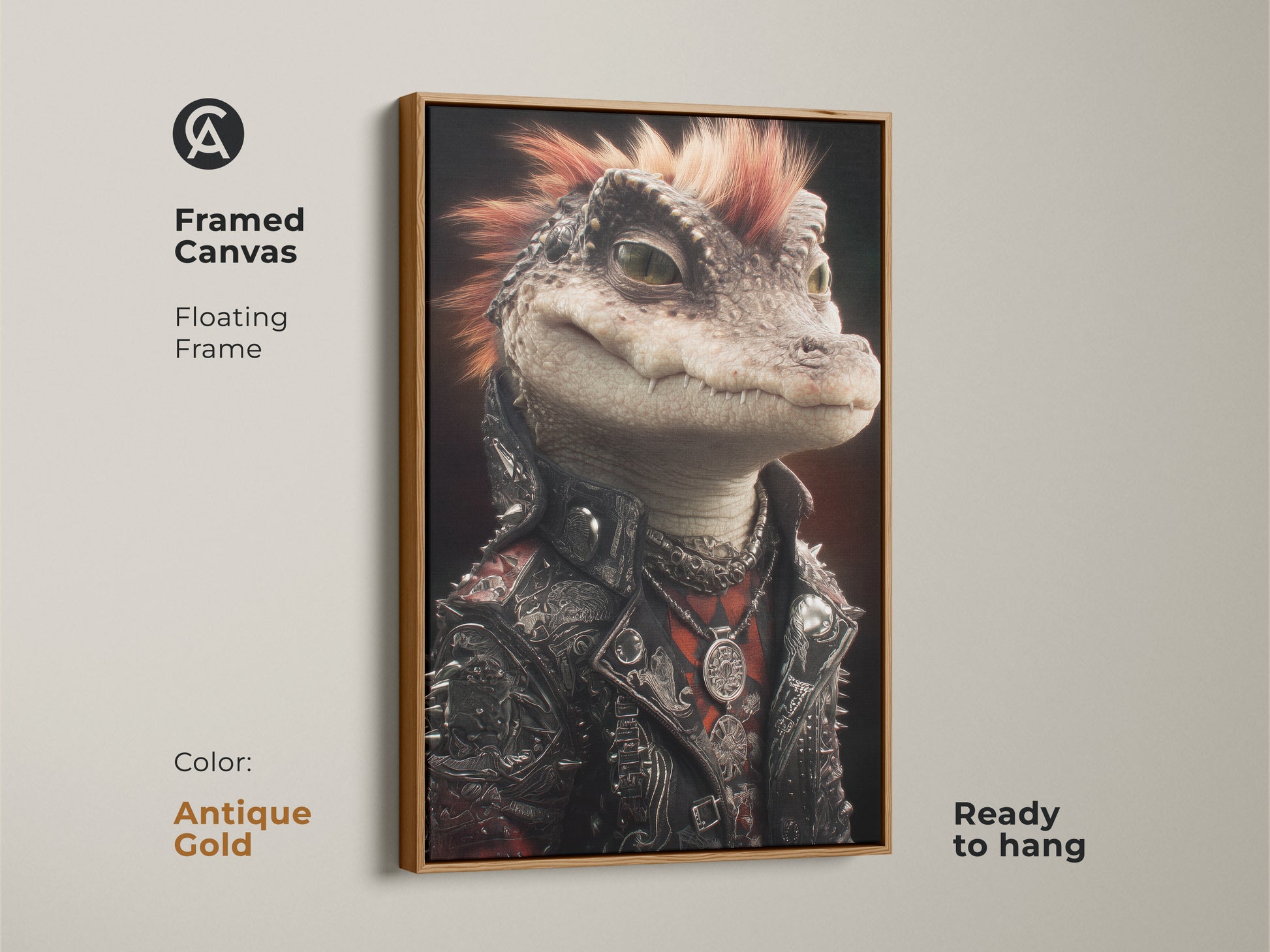 Framed canvas featuring the punk alligator art. The floating frame is antique gold ready to hang. This music lover piece fits any room. It's gothic reptile wall art. The alternative reptile print adds an edgy touch. This unique piece is perfect for a rocker.