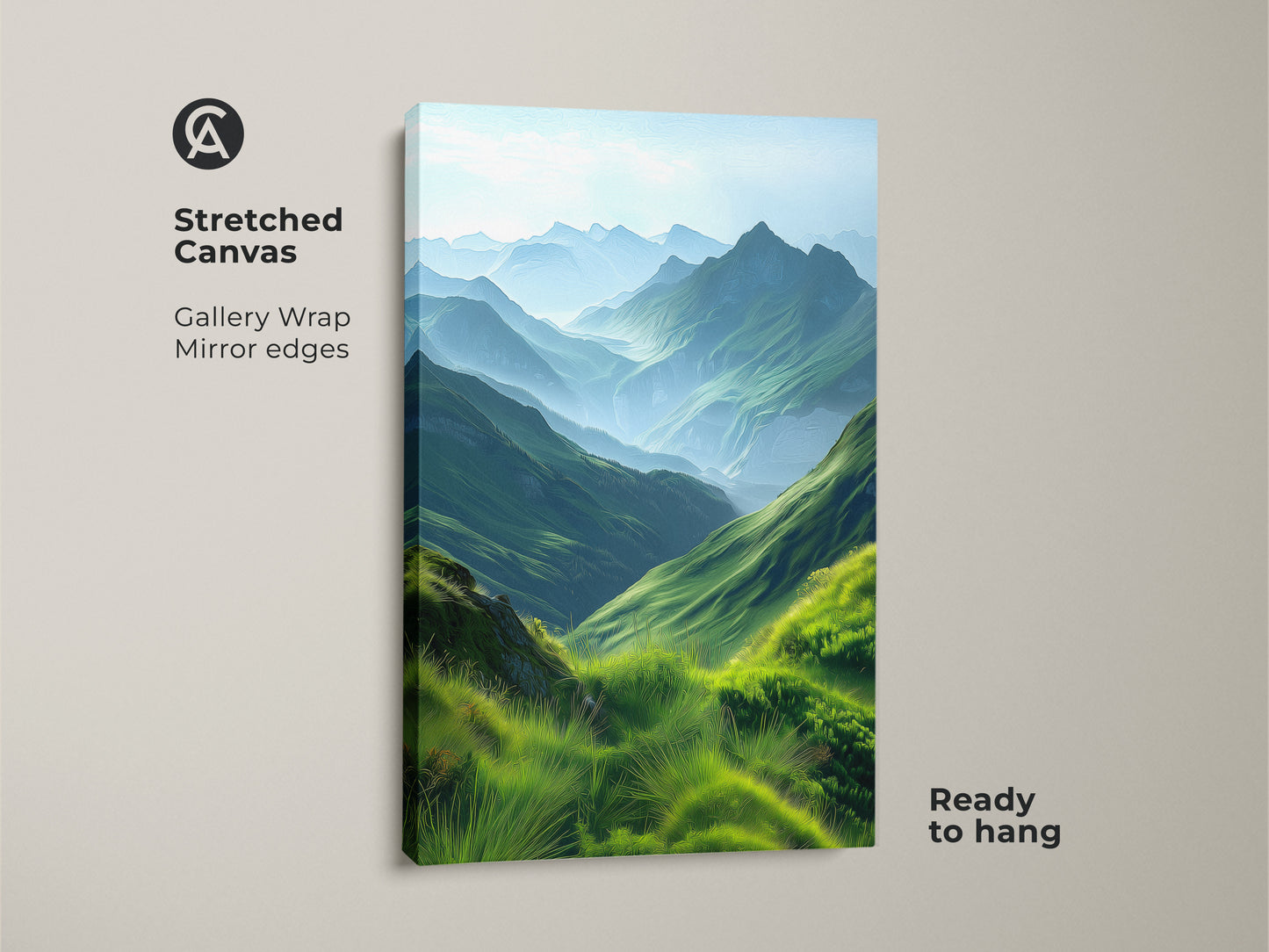 Stretched canvas print of an emerald green mountain landscape. The scenic valley artwork features impressionistic hills. Perfect nature-inspired decor for a bedroom. The canvas gallery wrap has mirrored edges and is ready to hang. This contemporary piece brings peaceful outdoor scenery to any living space.
