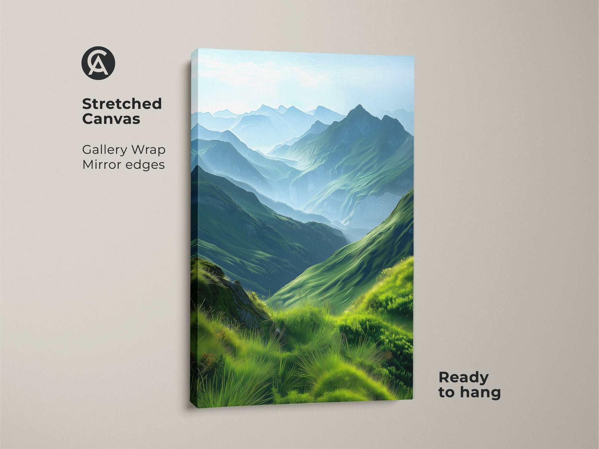 Stretched canvas print of an emerald green mountain landscape. The scenic valley artwork features impressionistic hills. Perfect nature-inspired decor for a bedroom. The canvas gallery wrap has mirrored edges and is ready to hang. This contemporary piece brings peaceful outdoor scenery to any living space.