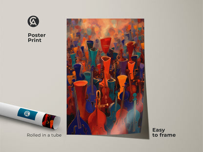 Poster print of a violin cello canvas print. Rolled in a tube for easy framing. The orchestra artwork showcases red orange teal art. Its contemporary abstract art design will suit a music lover's gift