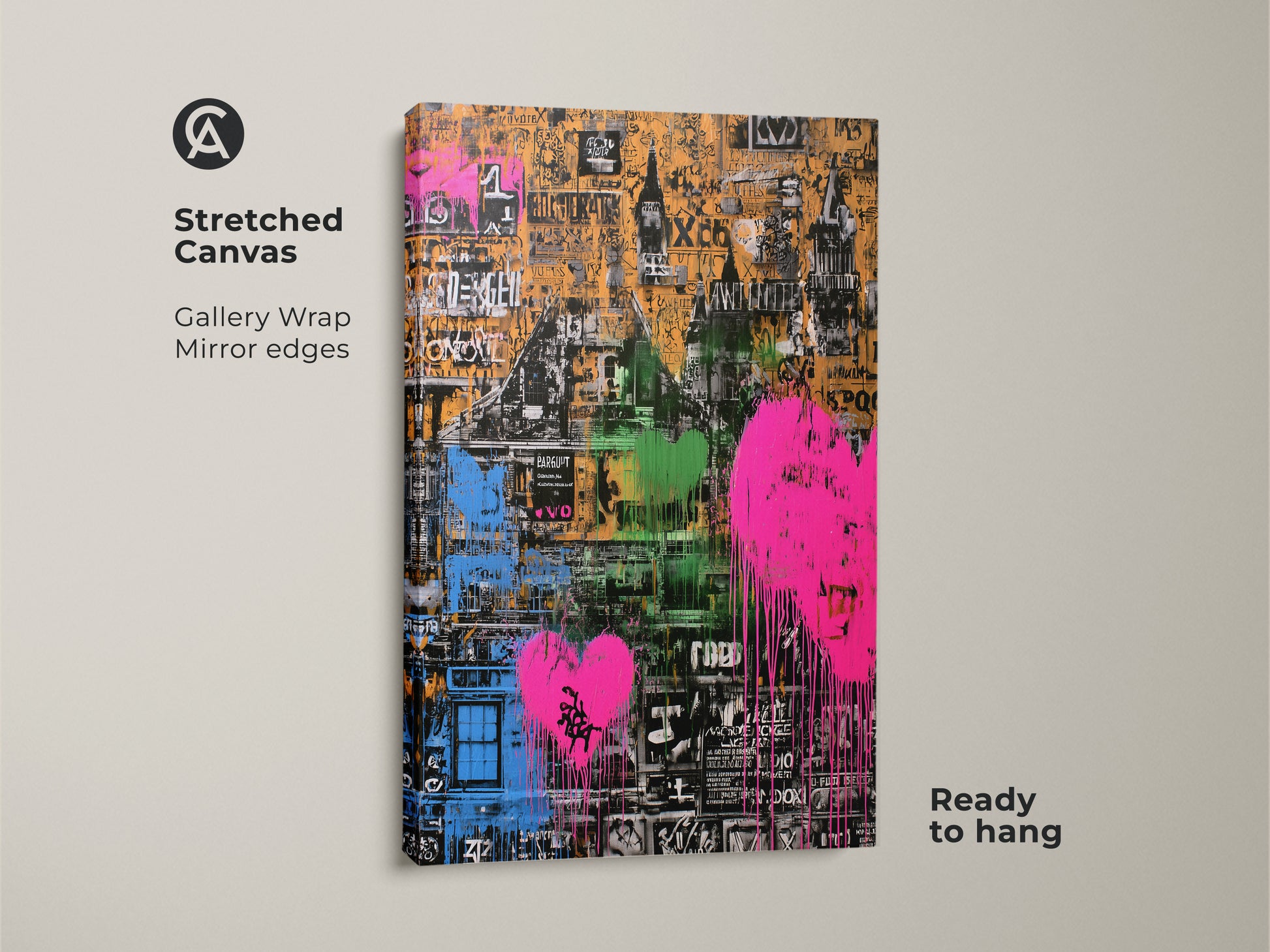 Stretched canvas art print of an abstract urban cityscape. The graffiti heart design uses pink green and orange. Gallery wrapped with mirrored edges. Ready to hang for easy wall decoration. Perfect eclectic art for a modern apartment.