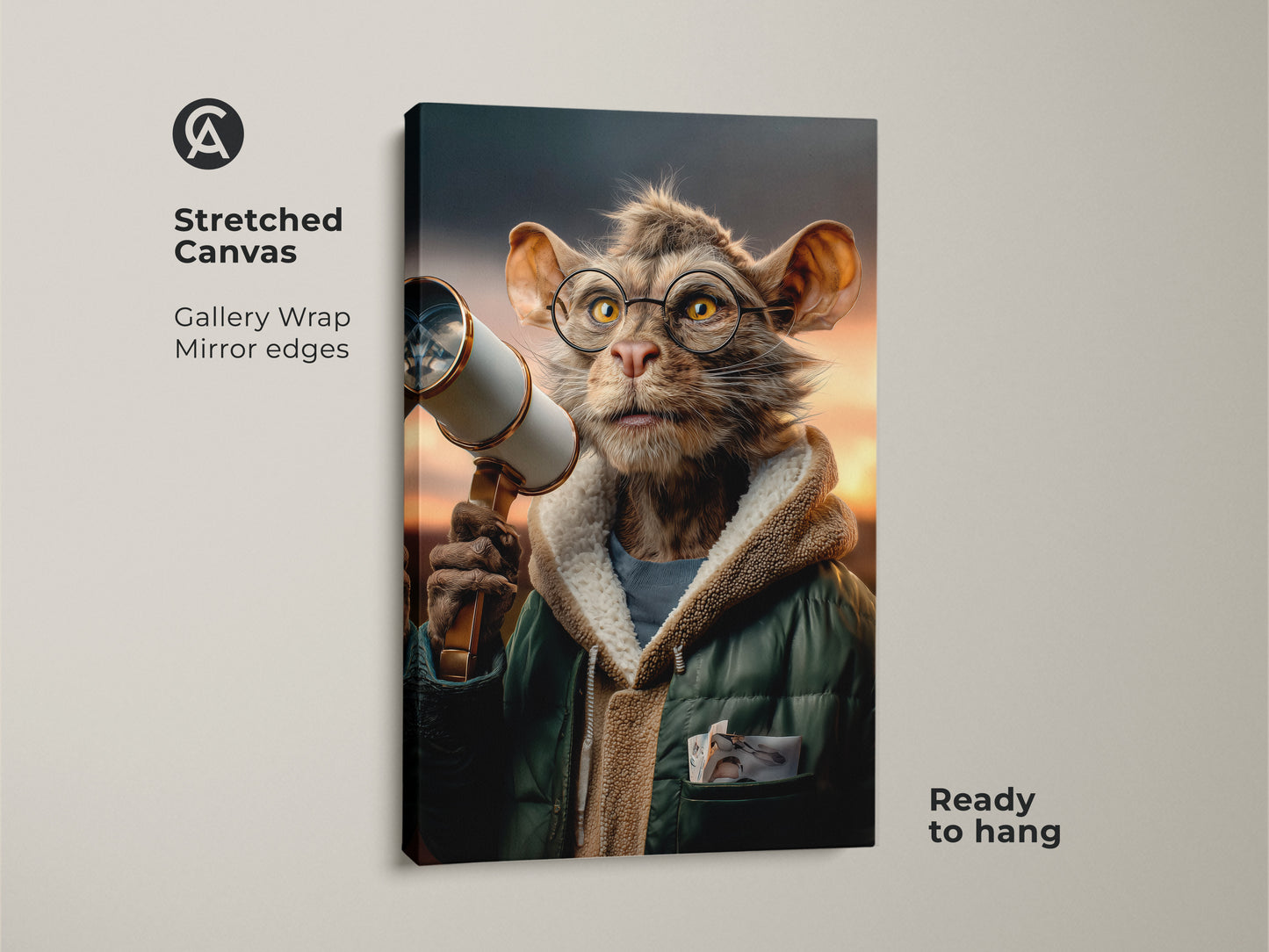Close-up of a stretched canvas featuring surreal cat art. The gallery wrap showcases mirror edges and the artwork is ready to hang. The cat character wearing glasses holds a telescope in a whimsical display of brown green and orange. This is perfect eclectic decor.