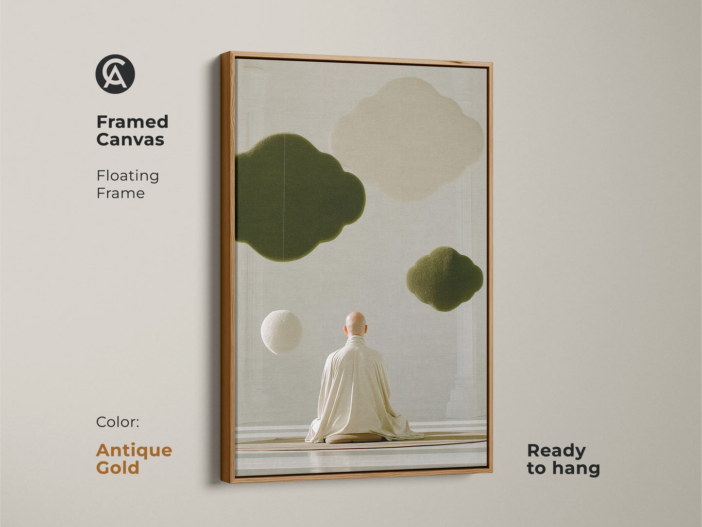 This framed canvas features zen monk meditation art in an antique gold frame. Abstract olive green clouds decorate this spiritual wall art. The minimalist artwork is a great housewarming gift for mindful living and calming office artwork.