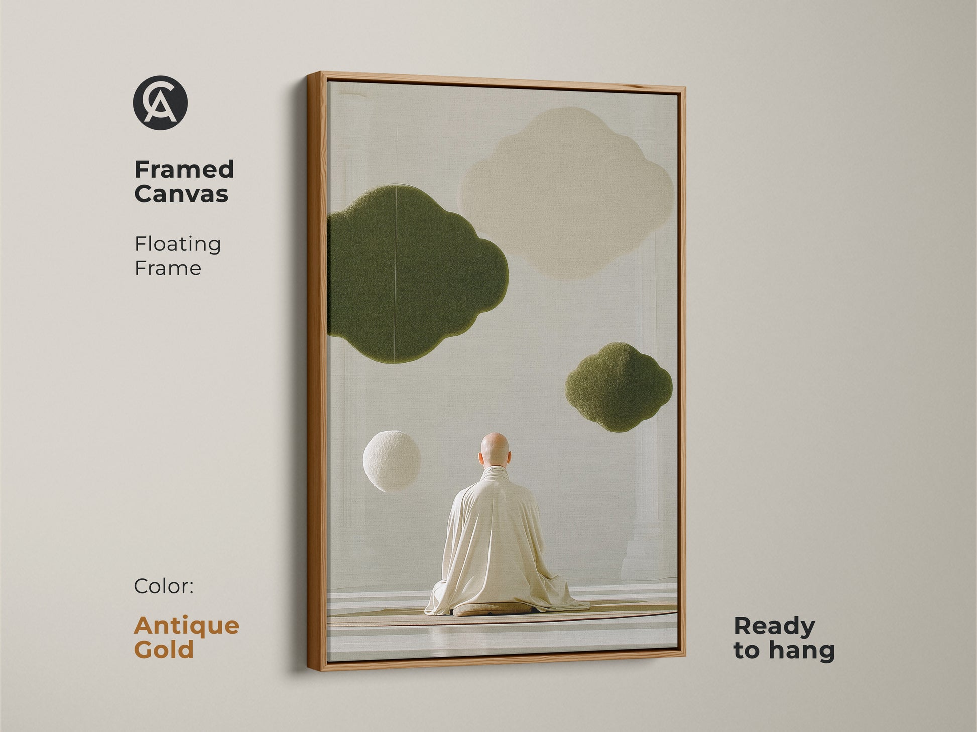 This framed canvas features zen monk meditation art in an antique gold frame. Abstract olive green clouds decorate this spiritual wall art. The minimalist artwork is a great housewarming gift for mindful living and calming office artwork.