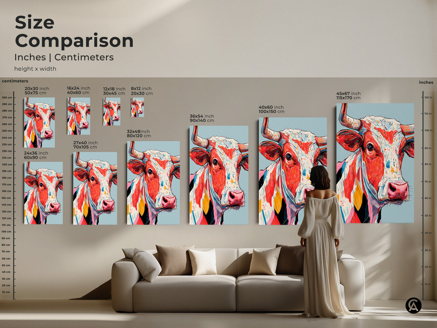 Size comparison of the colorful cow artwork in inches and centimeters. See the artwork in various dimensions. Perfect for any room. Find the ideal size. Shop canvas and poster prints online today.