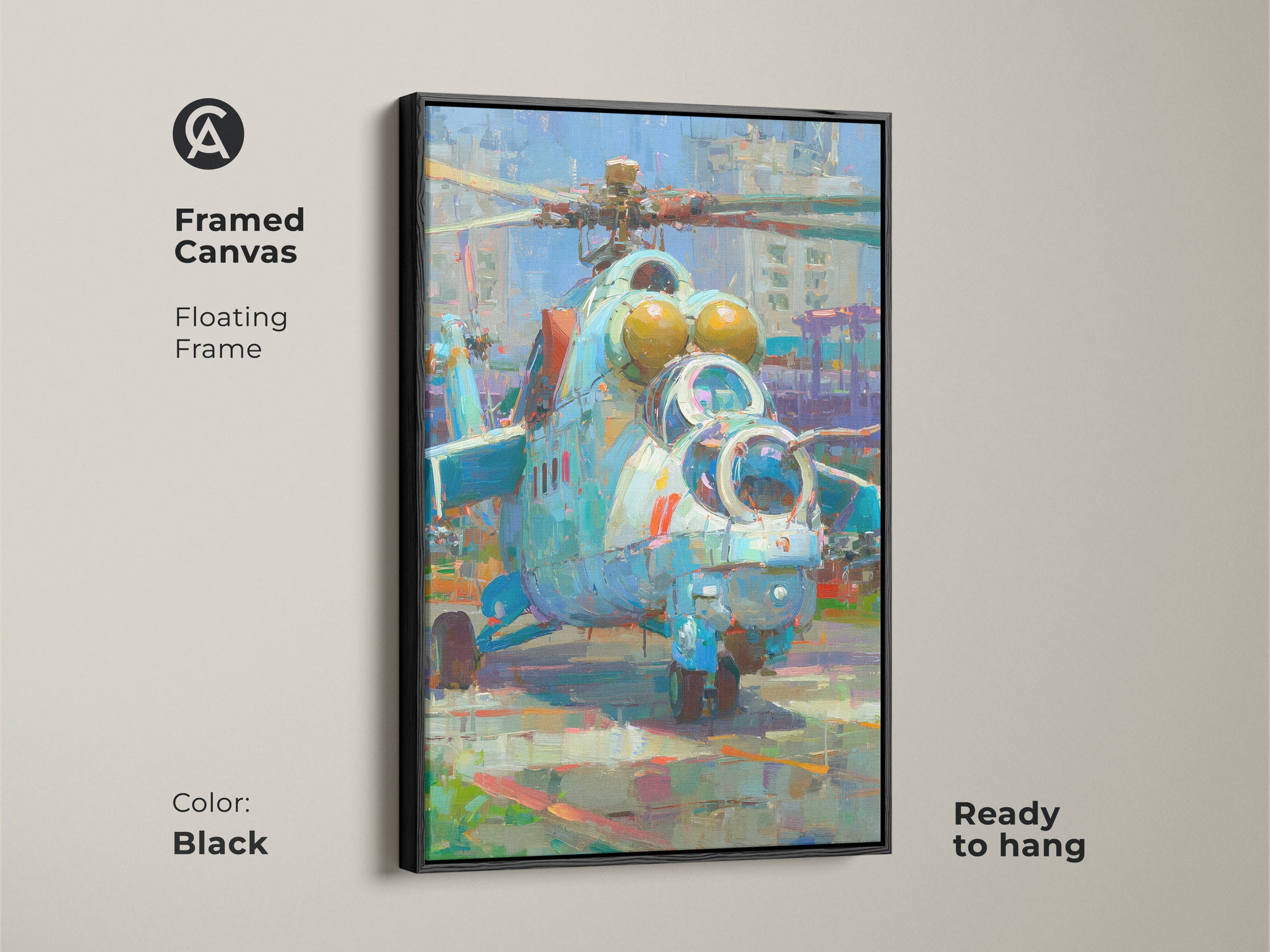 Framed canvas art print featuring a military helicopter in a black floating frame. The artwork captures an impressionistic style. Ready to hang and adds a touch of modern elegance. Perfect for aviation enthusiasts and contemporary art lovers. Elevate your home decor with this unique framed artwork.
