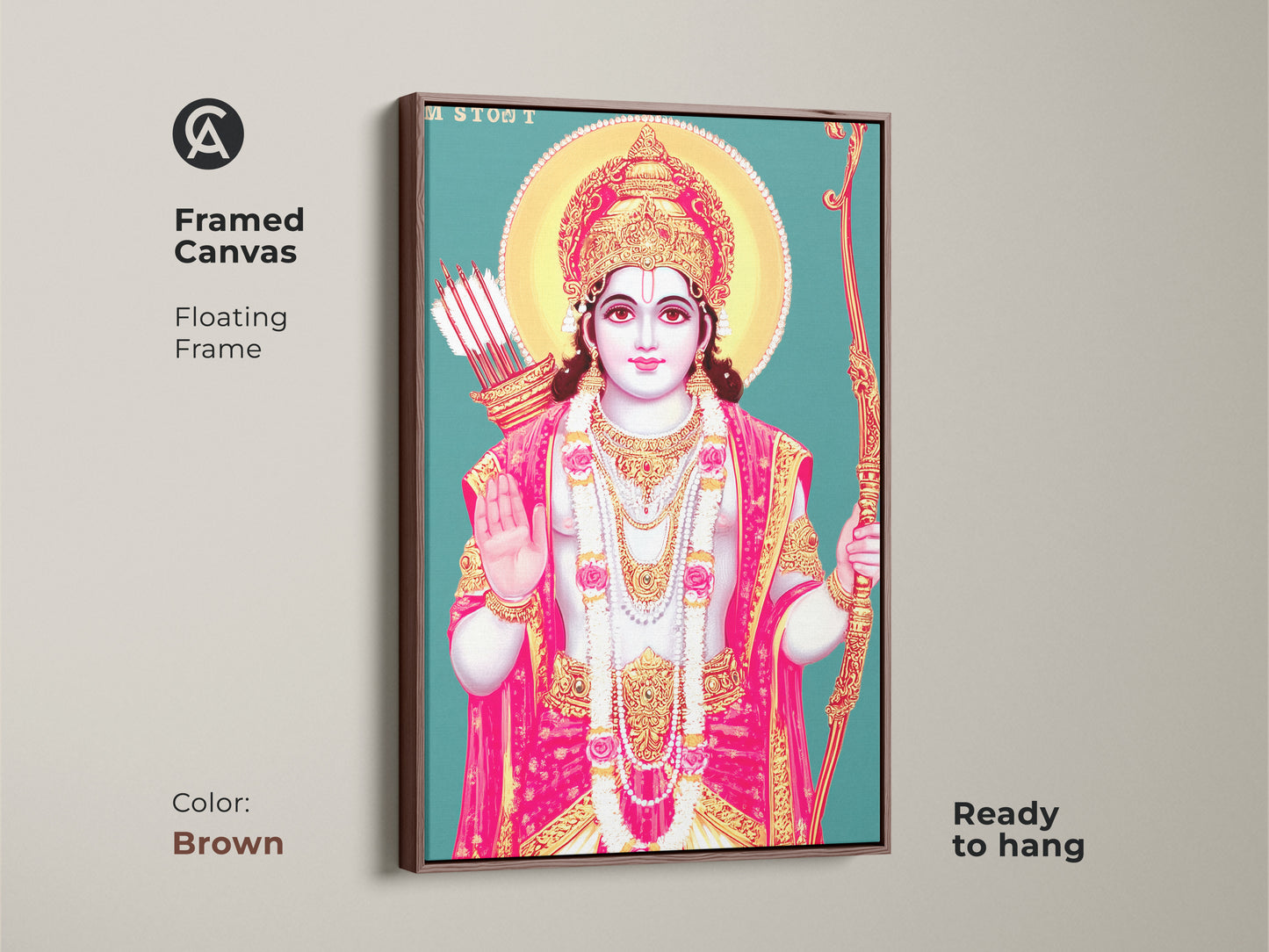 Framed canvas of Lord Rama wall art with a brown floating frame. Ready to hang religious artwork. The teal gold and pink palette makes it an eye-catching deity print.
