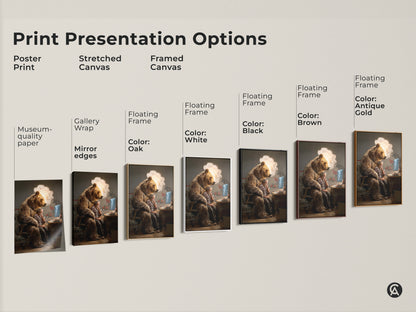 Print presentation options showcasing various frames and styles. These are perfect for the conceptual bear man artwork. Choose from poster prints to stretched and framed canvas options. Find the ideal office decor piece today.