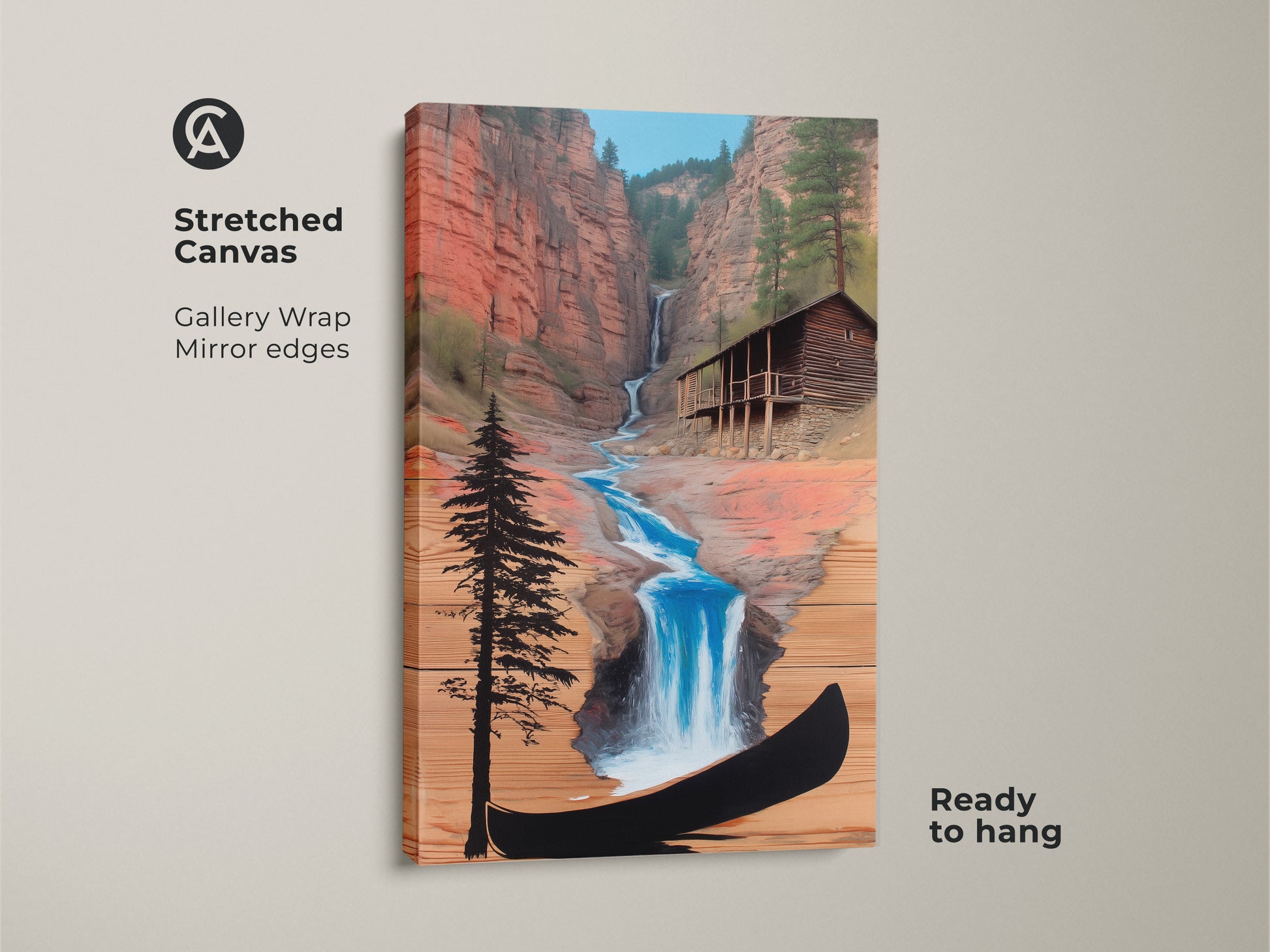 Stretched Canvas of Rustic Cabin Waterfall. Gallery wrap with mirror edges shows terracotta canyon art. A blue waterfall flows to a rustic cabin with a canoe. It is ready to hang. Ideal farmhouse or adventure decor.