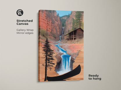 Stretched Canvas of Rustic Cabin Waterfall. Gallery wrap with mirror edges shows terracotta canyon art. A blue waterfall flows to a rustic cabin with a canoe. It is ready to hang. Ideal farmhouse or adventure decor.