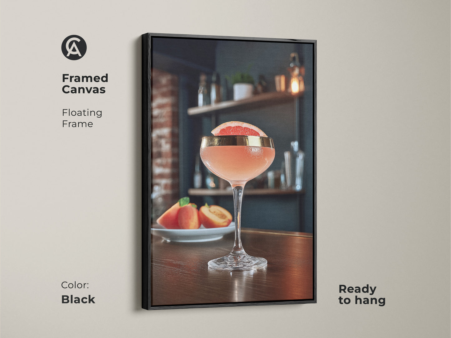 Black framed canvas featuring a grapefruit and peach cocktail. This floating frame enhances the modern bar art making it ready to hang. Perfect as Scandinavian kitchen decor or cafe wall art decor. This is a sophisticated housewarming gift idea.