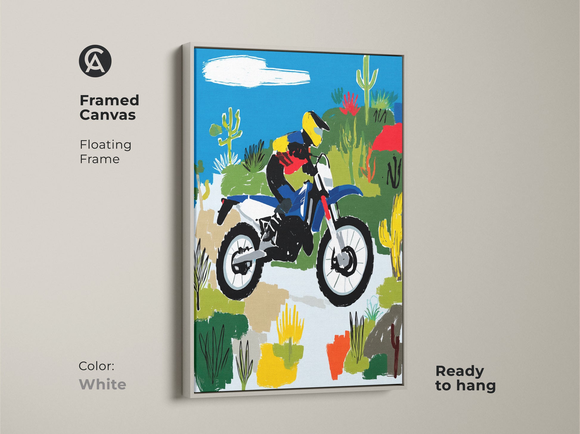Framed canvas print showcasing a motocross rider in the desert with a white floating frame. The art is ready to hang. Blue yellow and green tones add vibrancy. Perfect for outdoor sports enthusiasts this piece is ideal for wall decor or a garage.