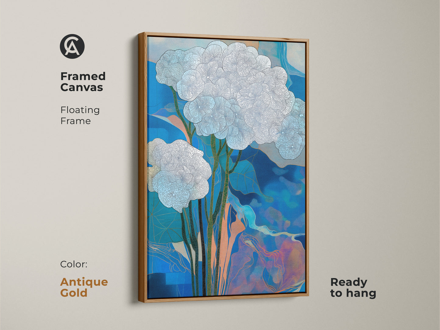 Framed canvas with antique gold floating frame featuring abstract botanical wall art. This minimalist blue nature canvas is ready to hang. Contemporary artwork for a stylish home. Shop now for unique floral line art.