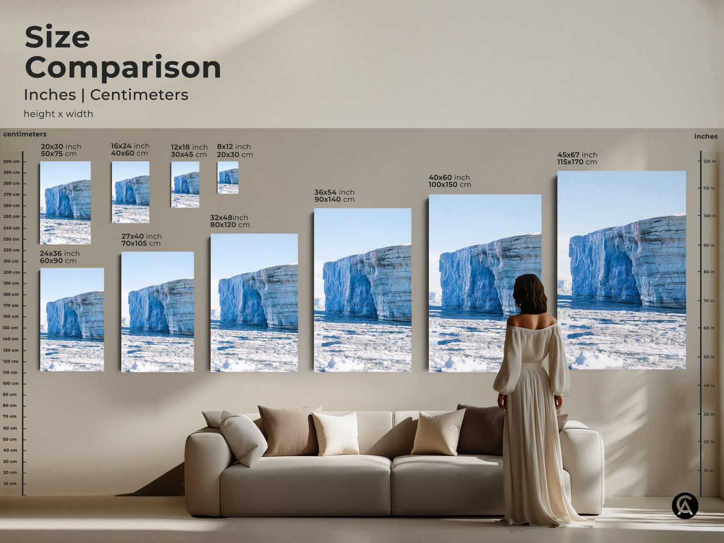 Size comparison of minimalist iceberg art inches and centimeters. Visualize art in 16x24 to 45x67 inches above a sofa. See how this scenic Arctic view transforms your living room. Choose the perfect size today.