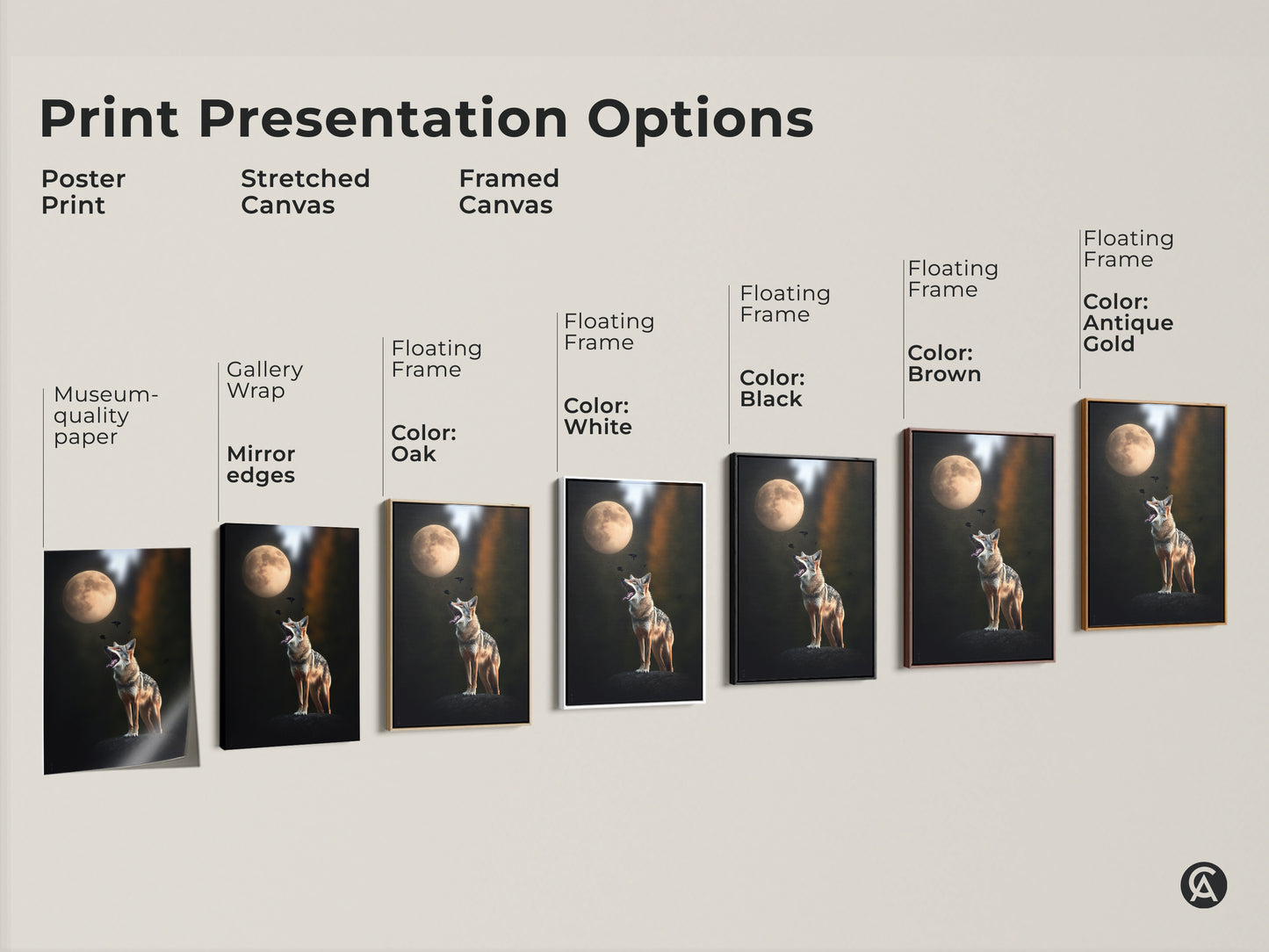 Explore print presentation options for coyote and moon wildlife artwork. Choose from poster prints stretched canvas and framed canvas. Gallery wrap mirror edges and floating frames in black brown white oak and antique gold are available. Find the perfect style for your home decor.