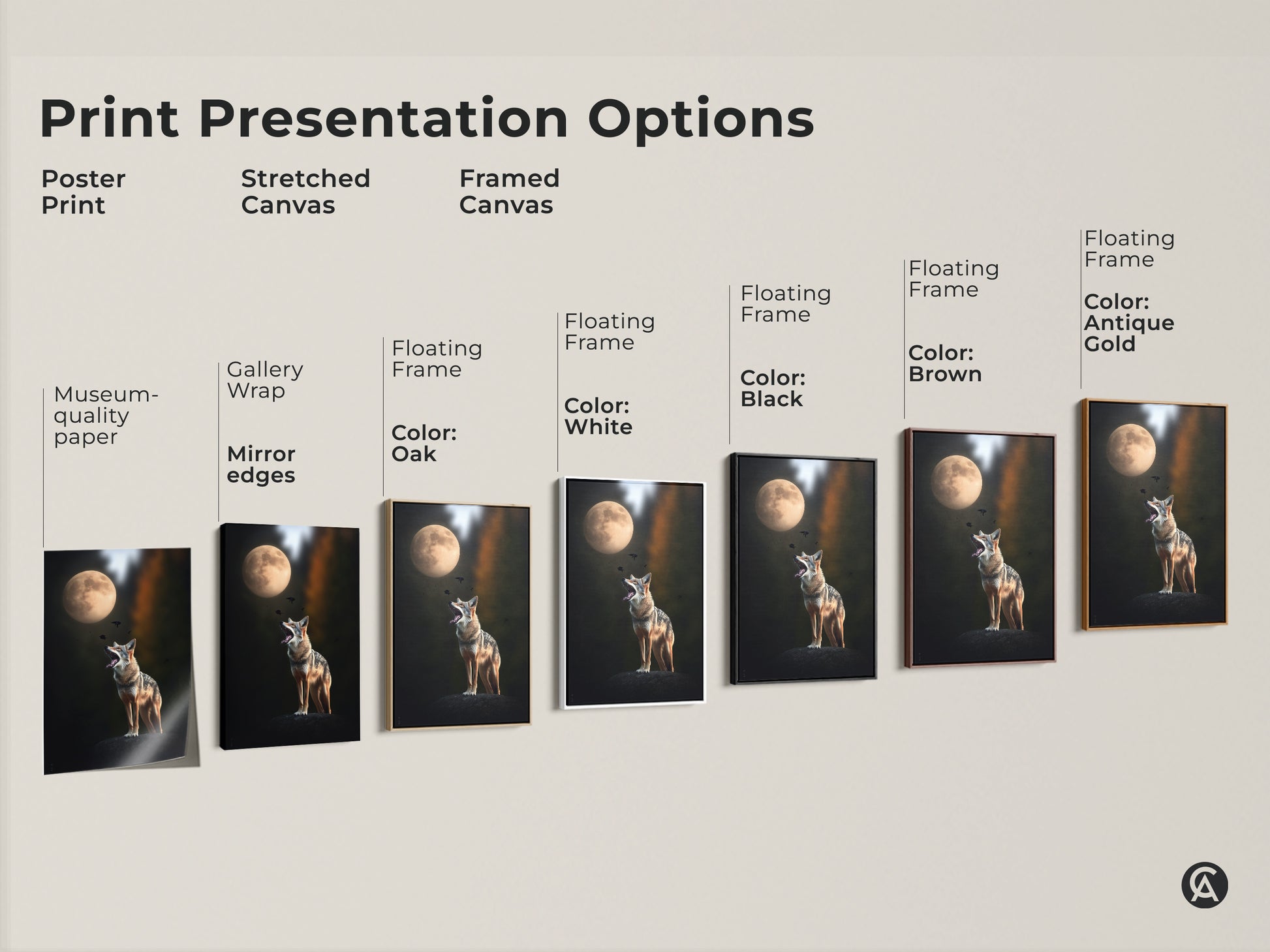 Explore print presentation options for coyote and moon wildlife artwork. Choose from poster prints stretched canvas and framed canvas. Gallery wrap mirror edges and floating frames in black brown white oak and antique gold are available. Find the perfect style for your home decor.