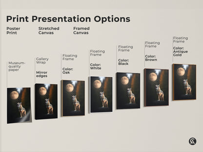 Explore print presentation options for coyote and moon wildlife artwork. Choose from poster prints stretched canvas and framed canvas. Gallery wrap mirror edges and floating frames in black brown white oak and antique gold are available. Find the perfect style for your home decor.