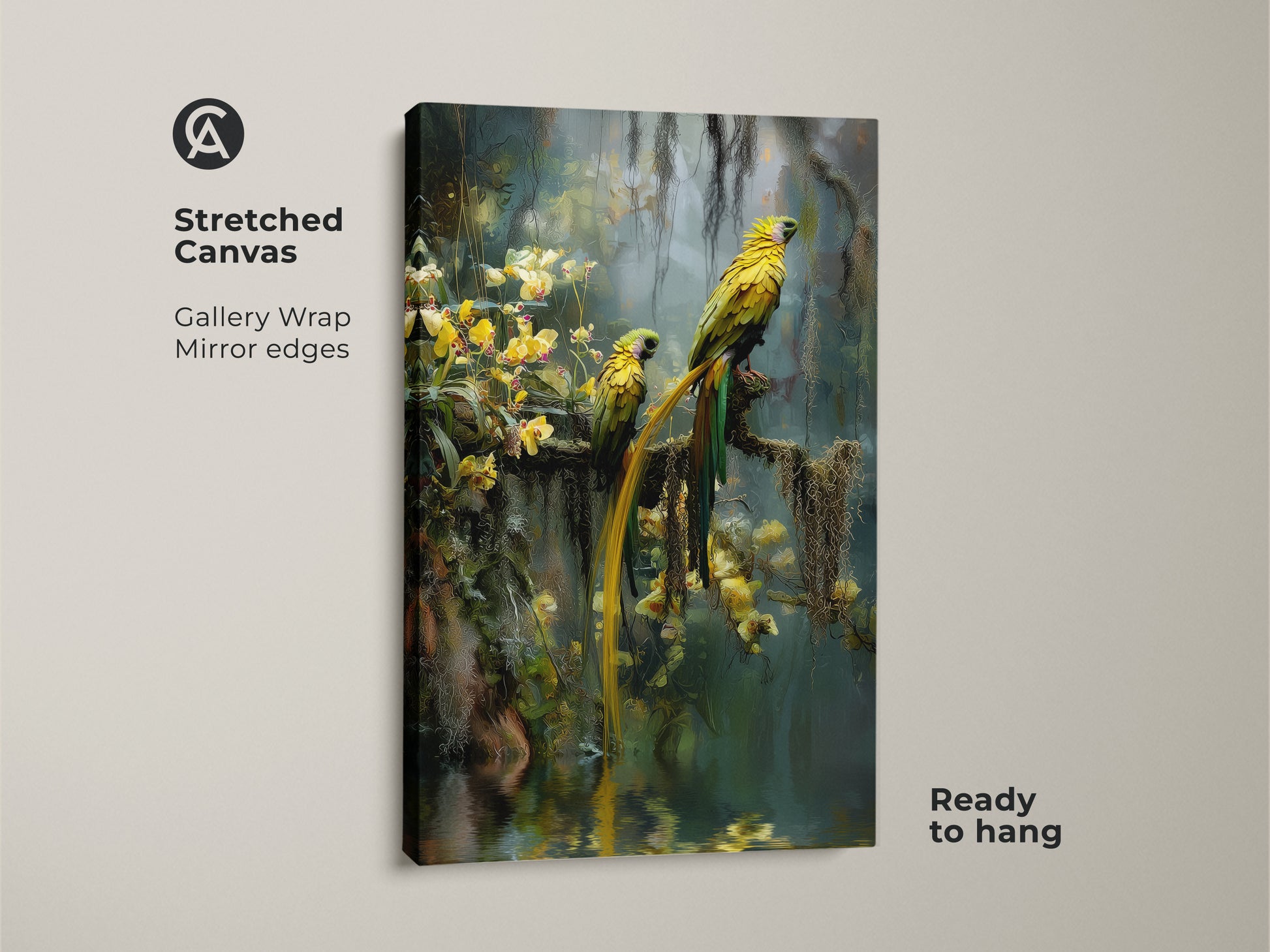This stretched canvas features two yellow parrots in a rainforest setting. The gallery wrap and mirror edges enhance the photorealistic animal artwork. It's ready to hang and adds a touch of tropical nature to your home. Perfect boho jungle decor for nature and bird lovers.