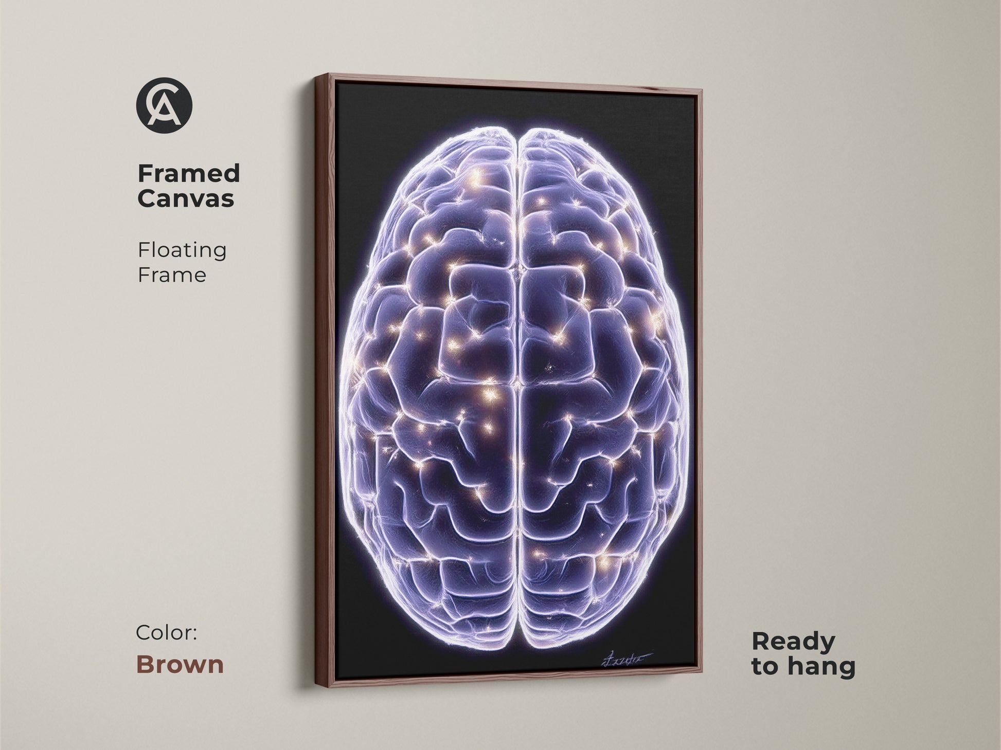 Framed canvas in brown displaying the Science Brain art print. Abstract neuron canvas wall art in purple and blue with glowing accents. Modern neuroscience art as office decor gift.
