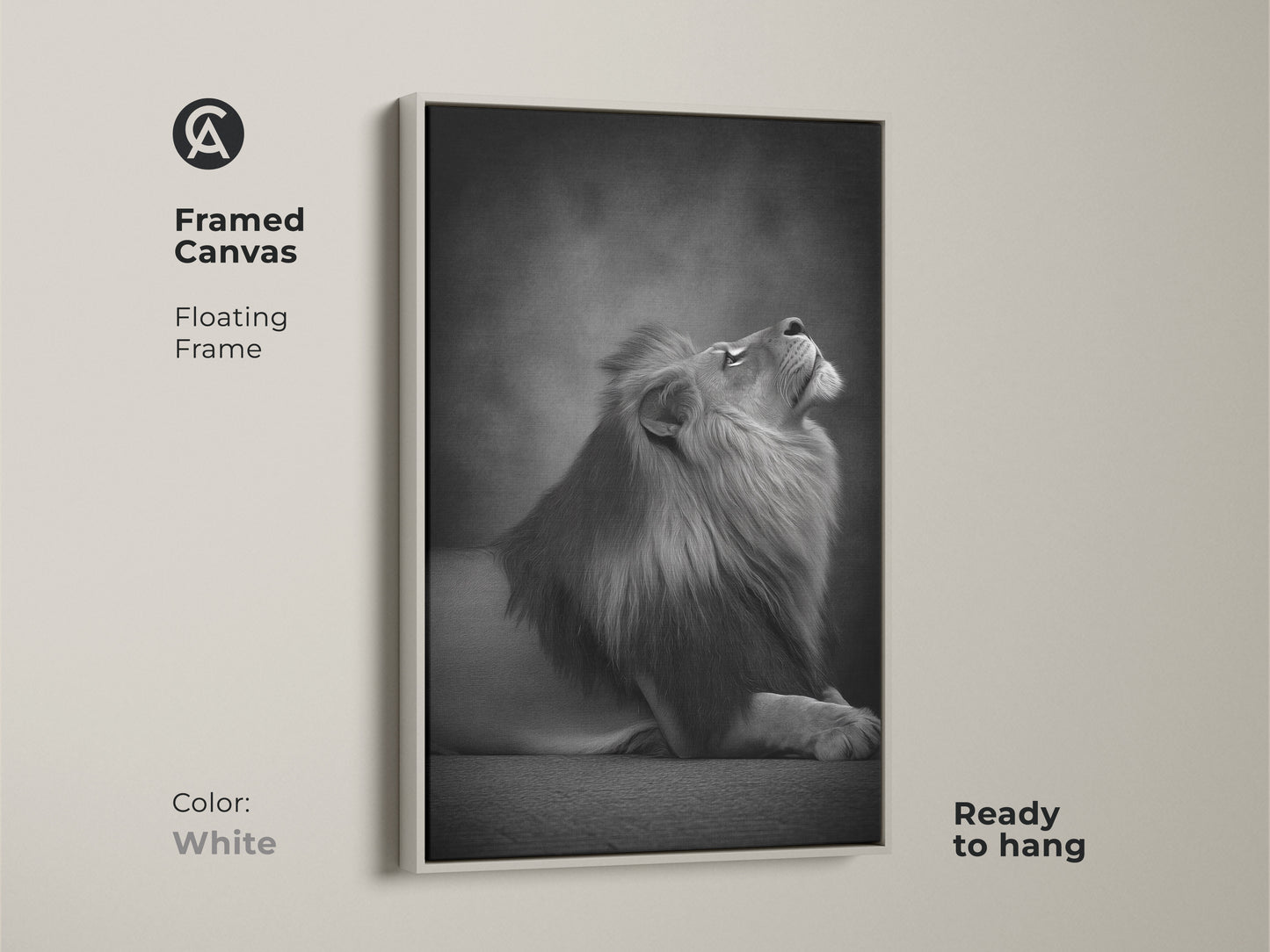 Framed canvas featuring a photorealistic lion in a white floating frame. This monochrome animal artwork is ready to hang. A contemporary lion artwork for bedroom or office decor. Elegant animal art print.