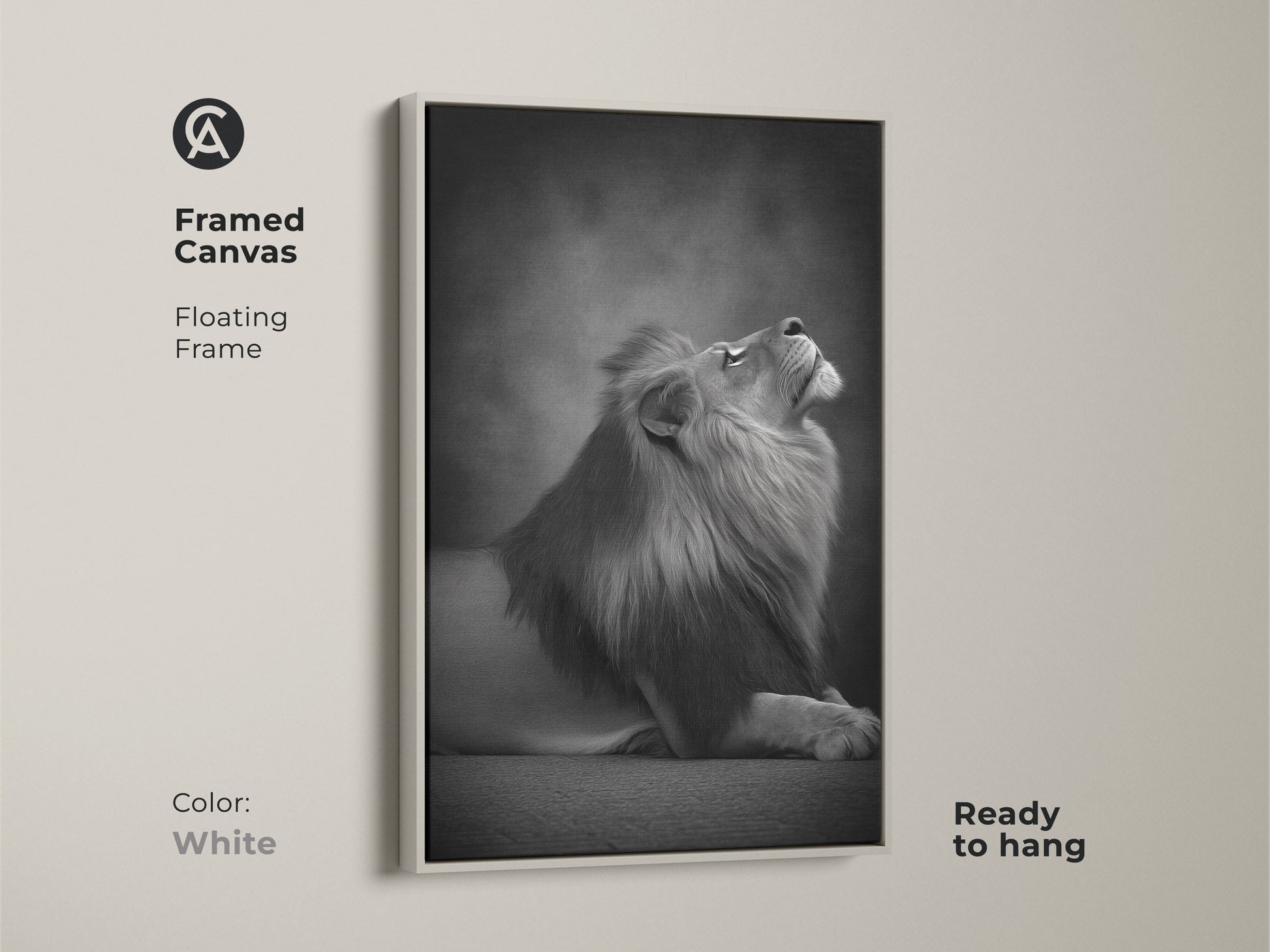 Framed canvas featuring a photorealistic lion in a white floating frame. This monochrome animal artwork is ready to hang. A contemporary lion artwork for bedroom or office decor. Elegant animal art print.