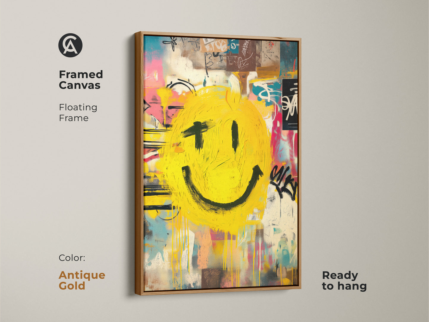 This framed canvas art features a graffiti smiley face. It is showcased in an antique gold floating frame. The artwork is ready to hang. Add this art piece to your home for a touch of urban sophistication.
