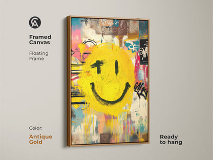 This framed canvas art features a graffiti smiley face. It is showcased in an antique gold floating frame. The artwork is ready to hang. Add this art piece to your home for a touch of urban sophistication.