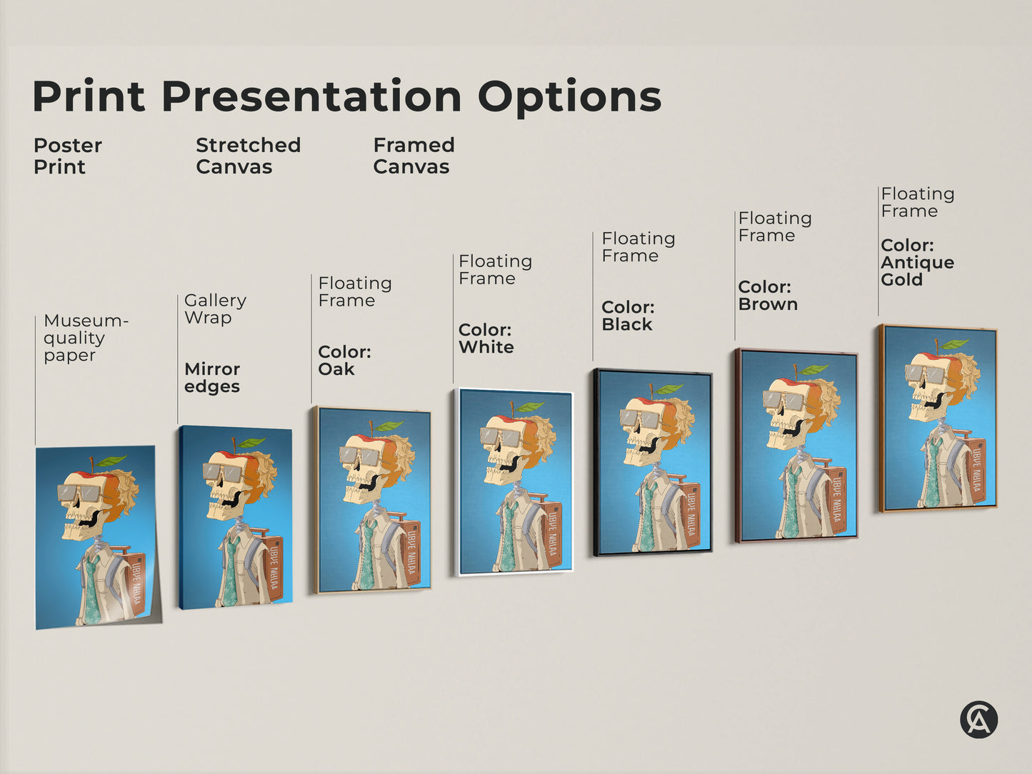 Print presentation options for skeleton apple head artwork. Choose from poster prints stretched canvas or framed canvas. Each option offers a unique way to display this modern art piece. Find the perfect style to complement your space.