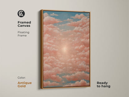 A unique piece of wall art. Thoughtful housewarming gift for a spiritual friend. This artwork features a dreamy surrealist interpretation of a sunrise. It has a beautiful coral pink and blue palette.