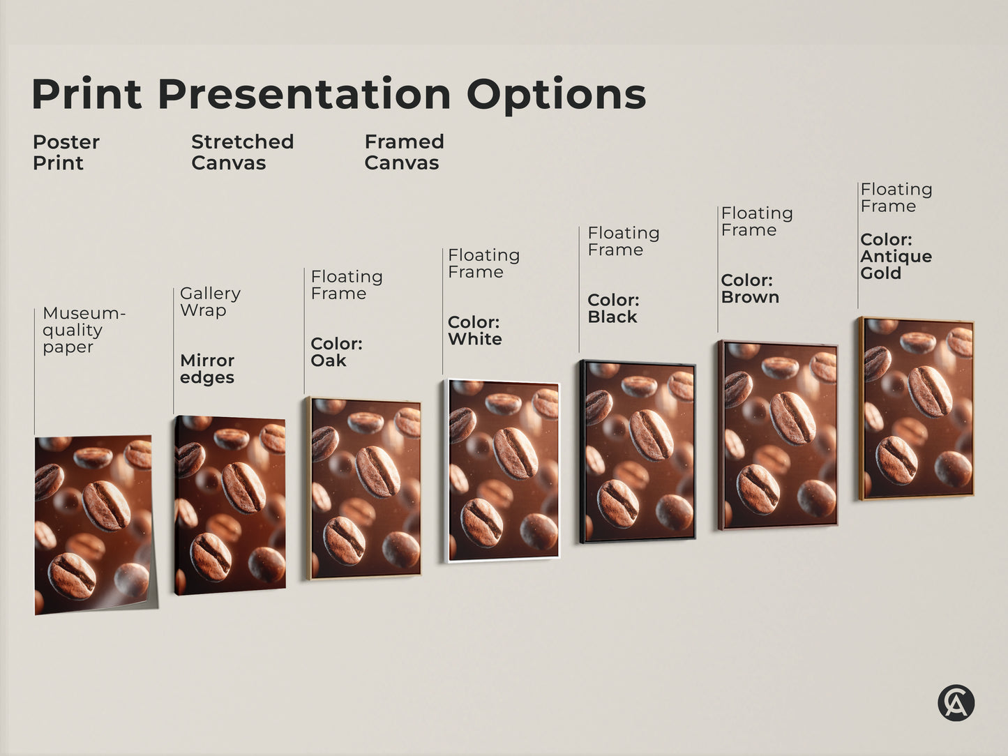 Print presentation options for coffee bean artwork. Choose from poster stretched canvas or framed canvas. Various floating frame colors are available oak white black brown and antique gold.
