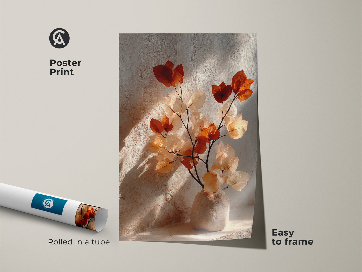 Poster print of a Terracotta Bougainvillea artwork rolled in a tube. Easy to frame this boho botanical wall art. Cream and burnt orange vase art brings nature indoors. Minimalist plant art for any room. Enhance your space with earthy tones.