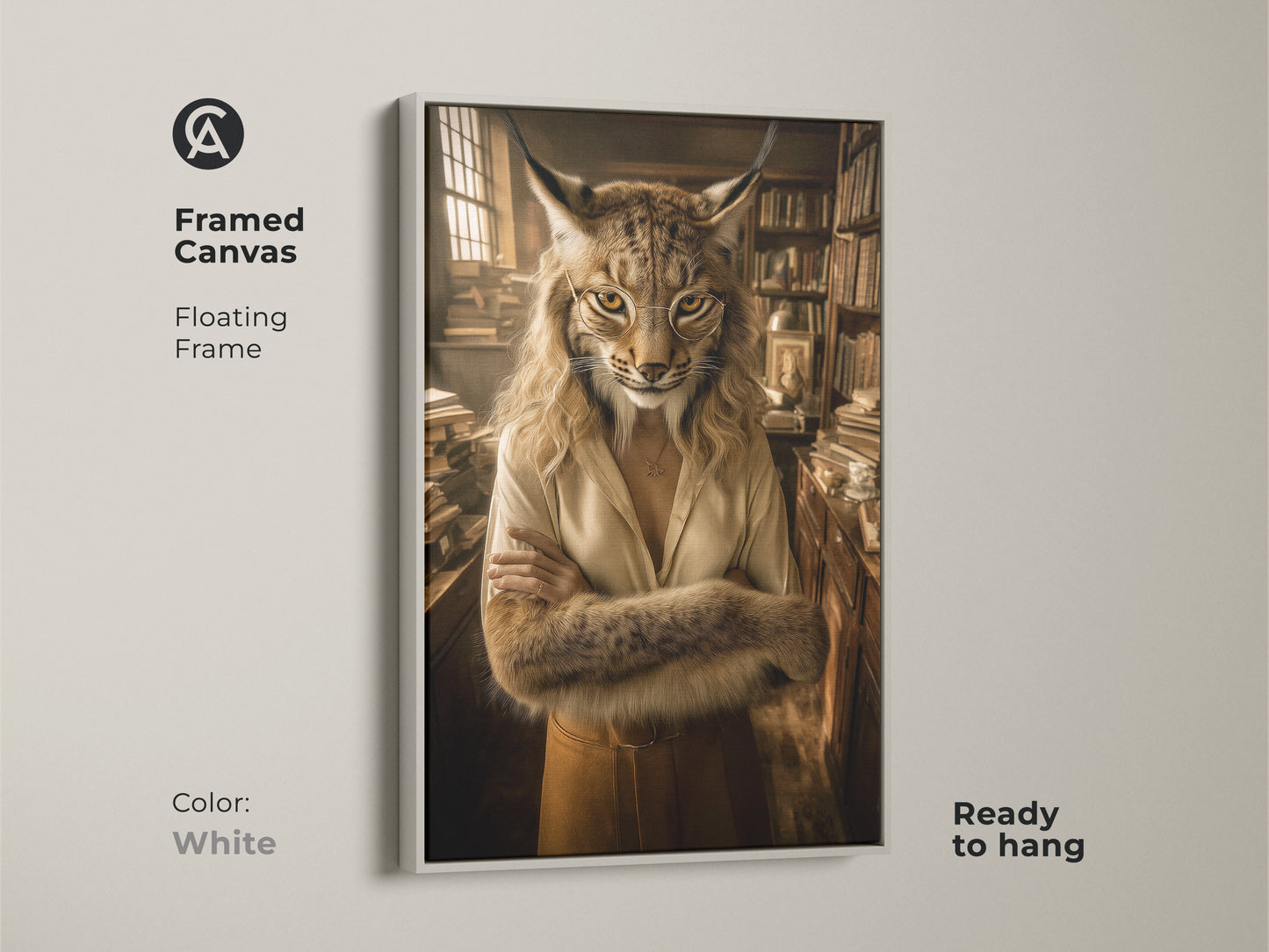 Framed scholarly lynx art print with a white floating frame. An intellectual home office decor choice with rich earth tones. Perfect book lover wall decor. This unique artwork is ready to hang.