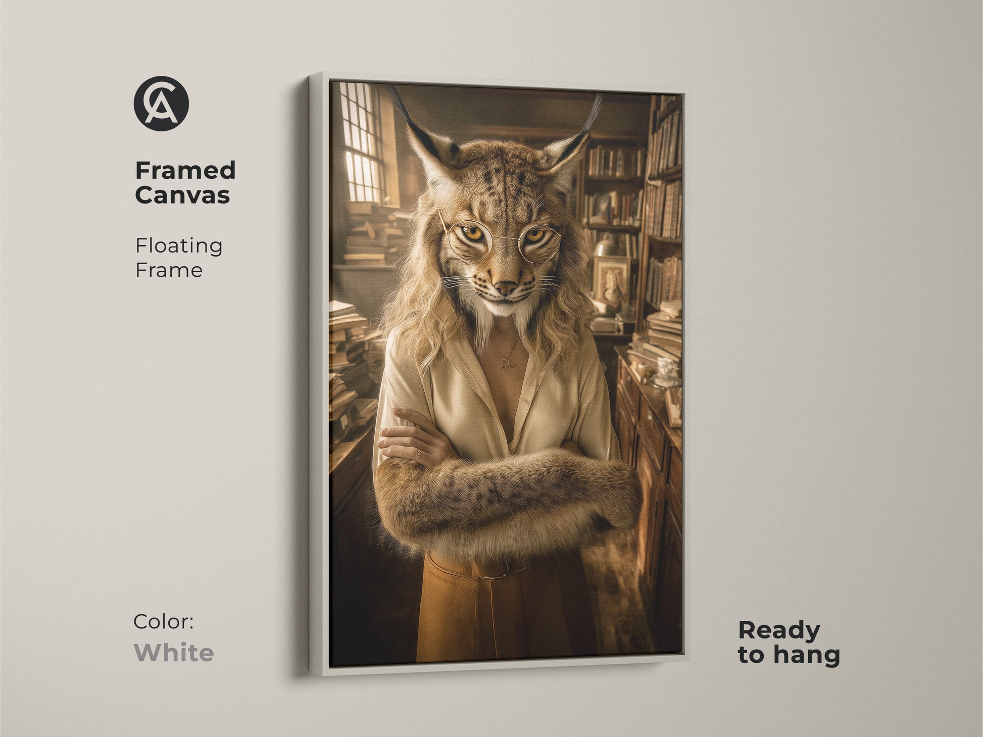 Framed scholarly lynx art print with a white floating frame. An intellectual home office decor choice with rich earth tones. Perfect book lover wall decor. This unique artwork is ready to hang.