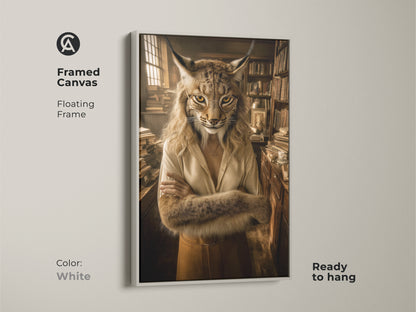 Framed scholarly lynx art print with a white floating frame. An intellectual home office decor choice with rich earth tones. Perfect book lover wall decor. This unique artwork is ready to hang.