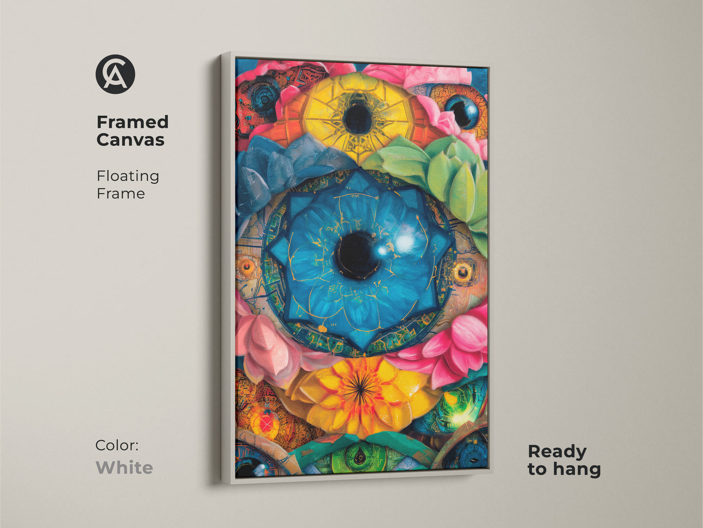 A framed canvas with a floating frame displays surreal eyes botanical artwork. The white frame enhances the vibrant colors. This psychedelic lotus succulent canvas is ready to hang adding a fresh touch to any room. Blue yellow emerald green wall art.