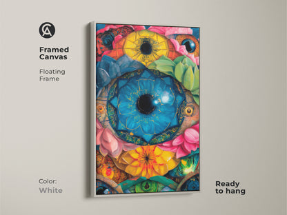 A framed canvas with a floating frame displays surreal eyes botanical artwork. The white frame enhances the vibrant colors. This psychedelic lotus succulent canvas is ready to hang adding a fresh touch to any room. Blue yellow emerald green wall art.