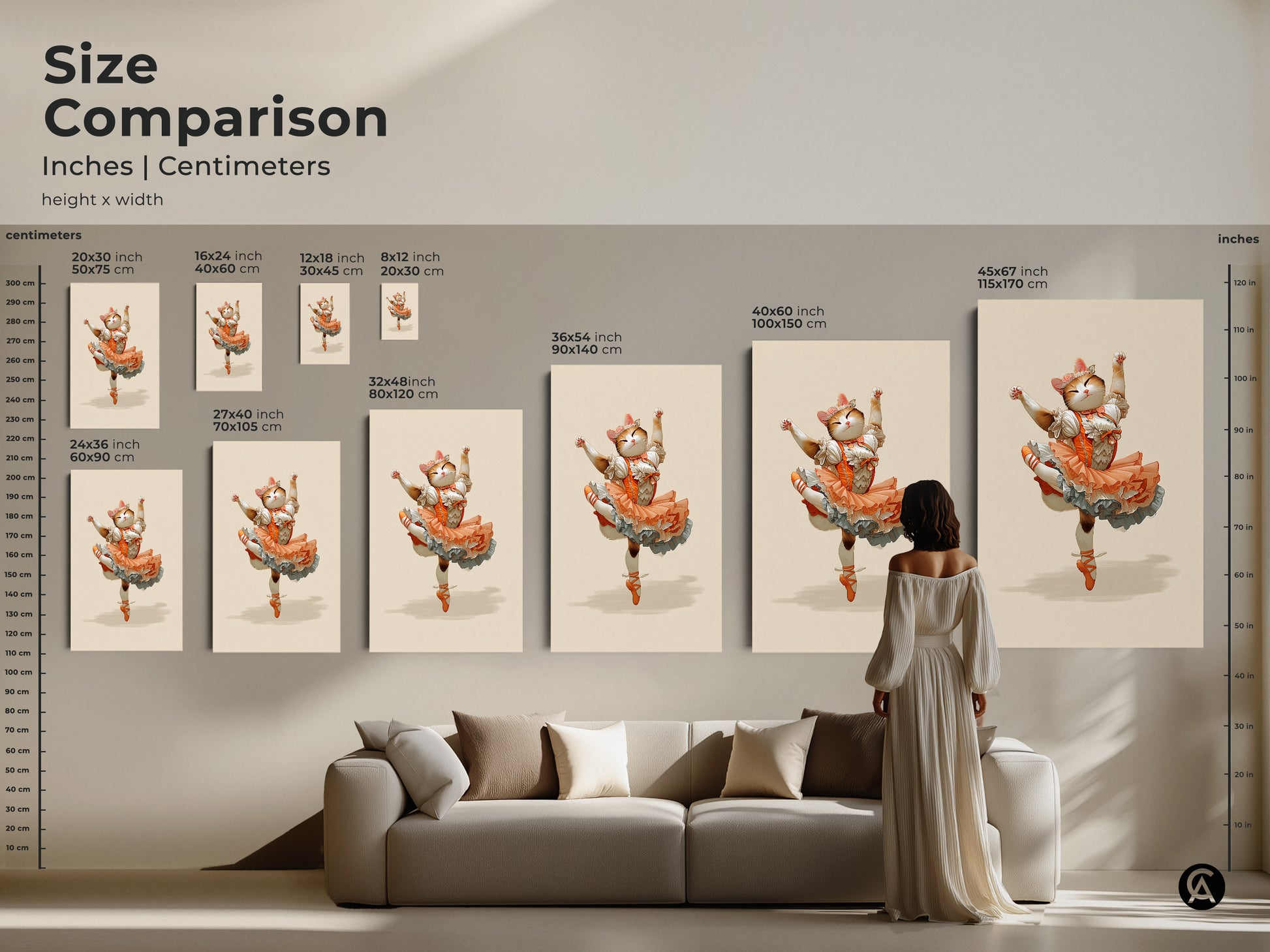 Size comparison featuring the orange ballerina cat art print in various sizes. This whimsical fantasy animal canvas is perfect for adding a touch of charm to any space. This animal ballet dancer print is great as cute cat bedroom decor or unique cat artwork.