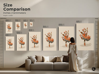 Size comparison featuring the orange ballerina cat art print in various sizes. This whimsical fantasy animal canvas is perfect for adding a touch of charm to any space. This animal ballet dancer print is great as cute cat bedroom decor or unique cat artwork.