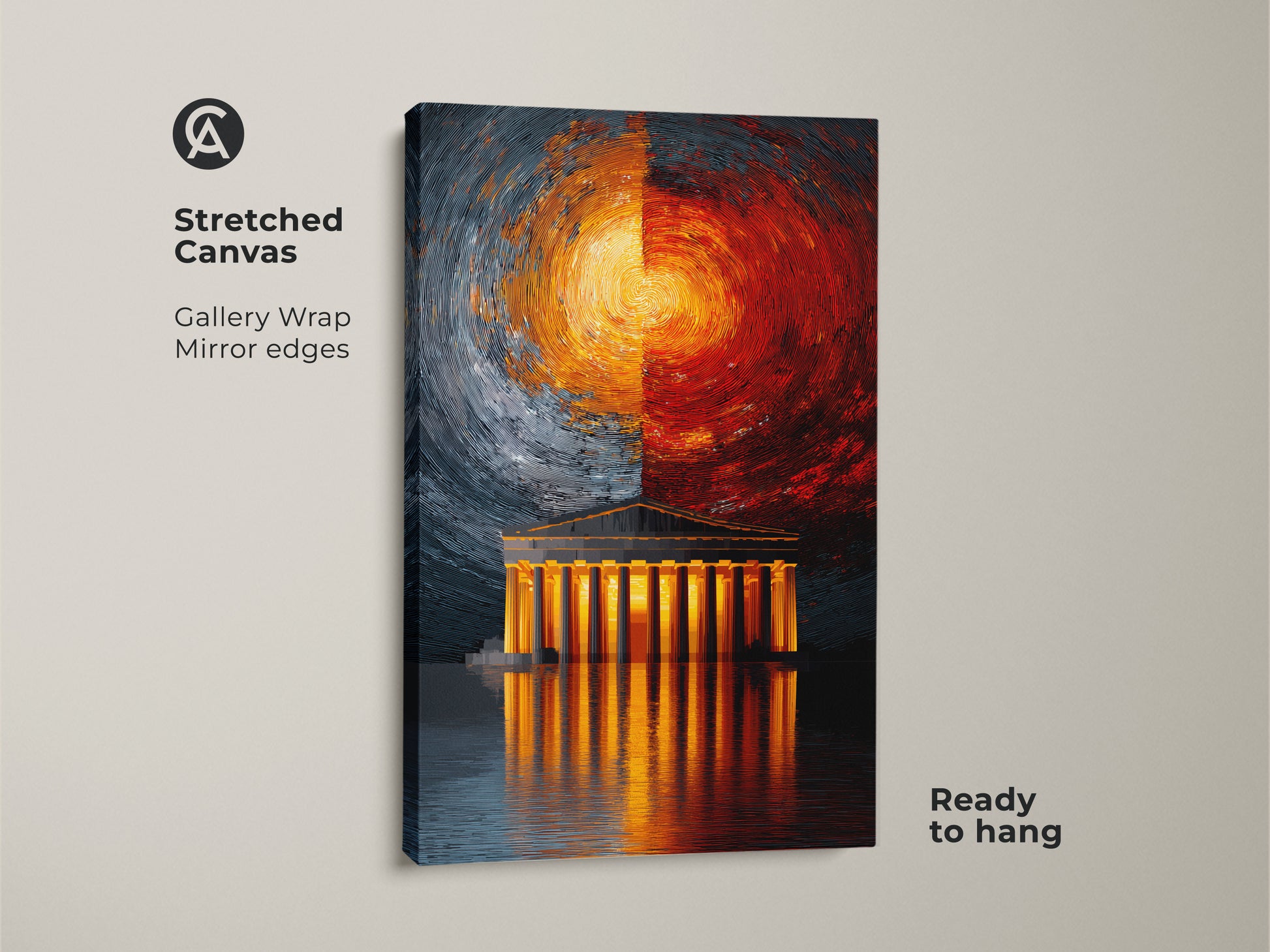 Stretched canvas print of an abstract Greek temple artwork. Gallery wrapped with mirrored edges the orange and blue hues captivate. Ready to hang this modern office decor brings unique contemporary flair. It's an ideal housewarming gift for art and architecture enthusiasts.