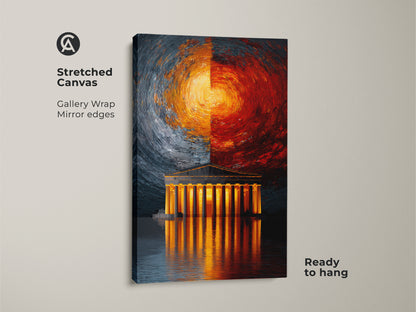Stretched canvas print of an abstract Greek temple artwork. Gallery wrapped with mirrored edges the orange and blue hues captivate. Ready to hang this modern office decor brings unique contemporary flair. It's an ideal housewarming gift for art and architecture enthusiasts.