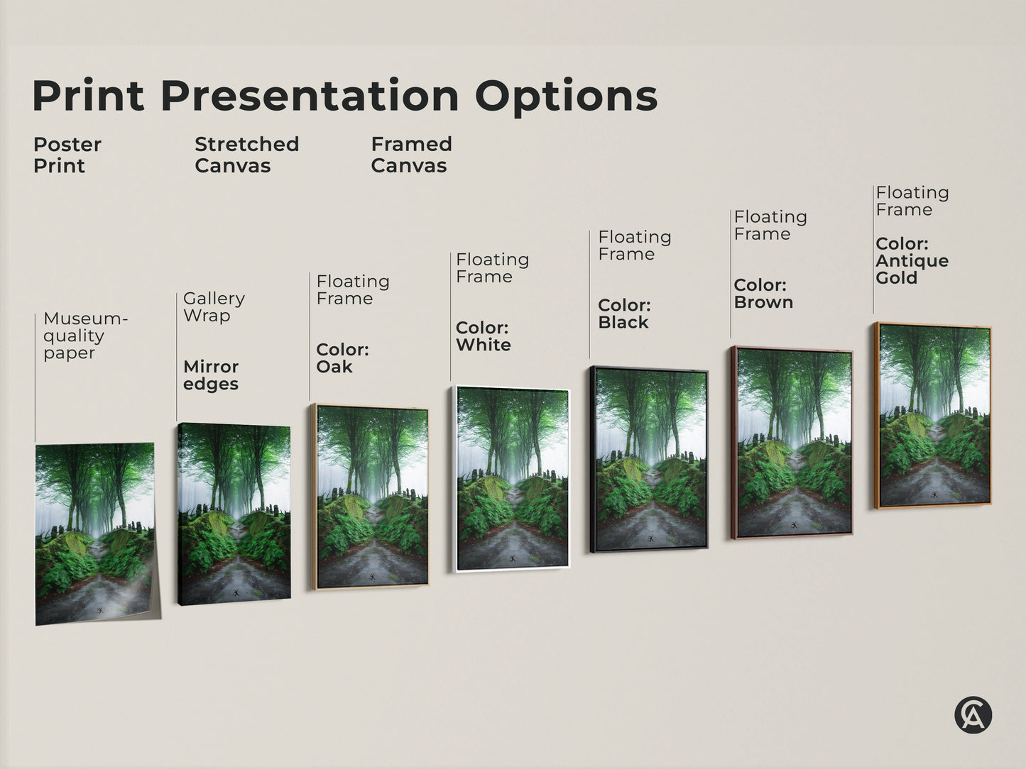 Explore print presentation options with this misty forest path artwork. Choose from poster prints stretched canvas or framed canvas. Each option highlights the emerald green tree-lined road and Scandinavian woodland charm. Enhance your space with nature's beauty.